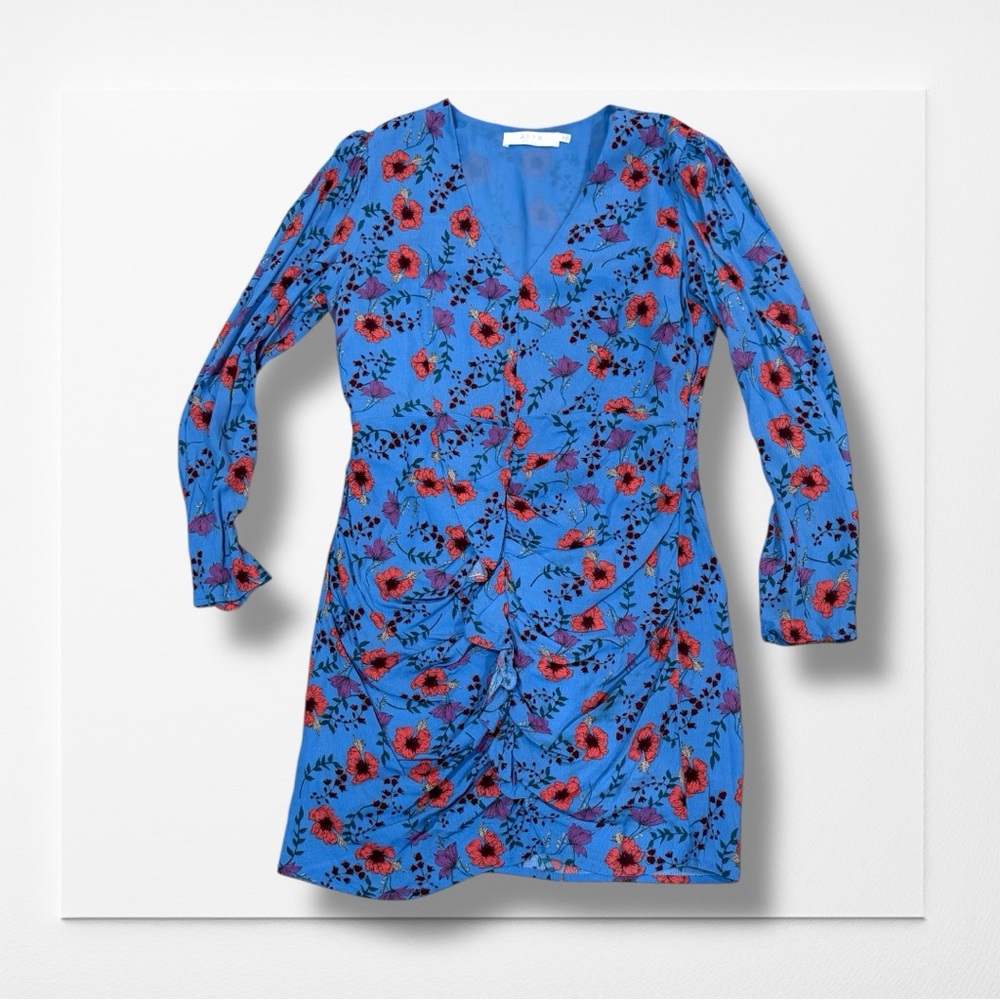 ASTR THE LABEL Ruche Blue Dress with Red & Purple Floral Accents, Size XL